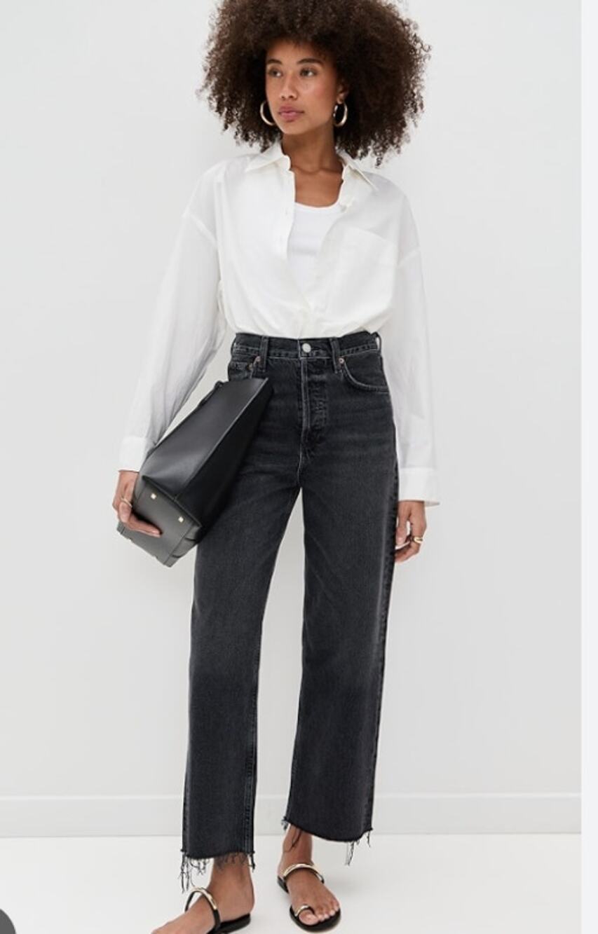 AGOLDE Ren High Rise Wide Leg Frayed Hem Petite Jeans Dark Wash Womens Size 34P